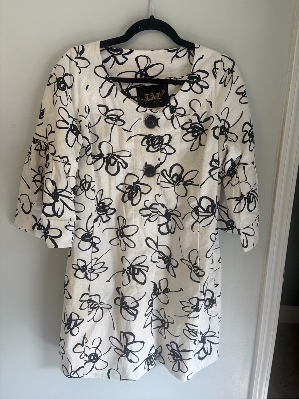 Live a Little Linen White Jacket with Black Whimsy Floral Print Boho Bell Sleeve